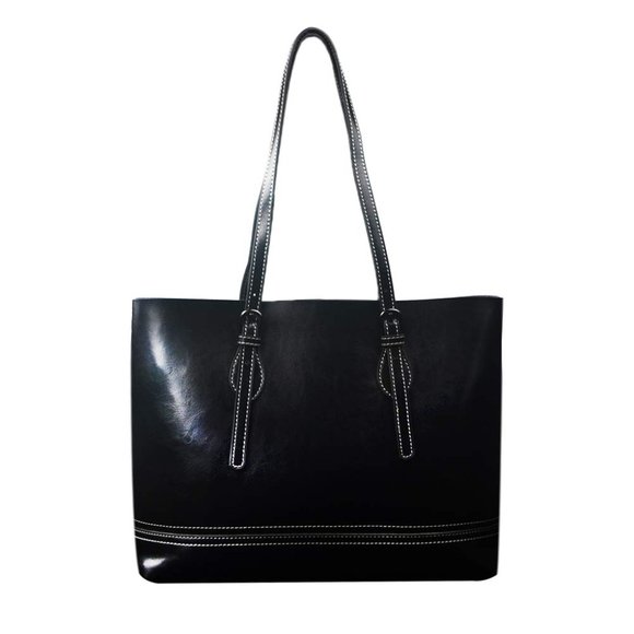 Black Genuine Leather Large Shoulder Bag Tote - Picture 2 of 13